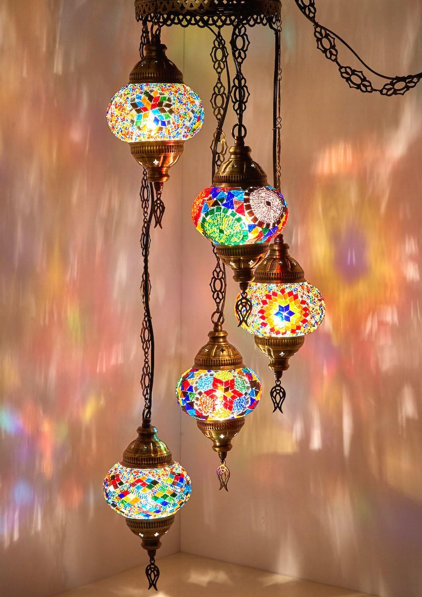 DEMMEX Turkish Moroccan Mosaic Plug-in Chandelier, 5-Globe Colorful Bohemian Swag Pendant Light with 15-ft Cord & Chain, 3.5 ft Drop for Living Room & Bedroom (Customizable)