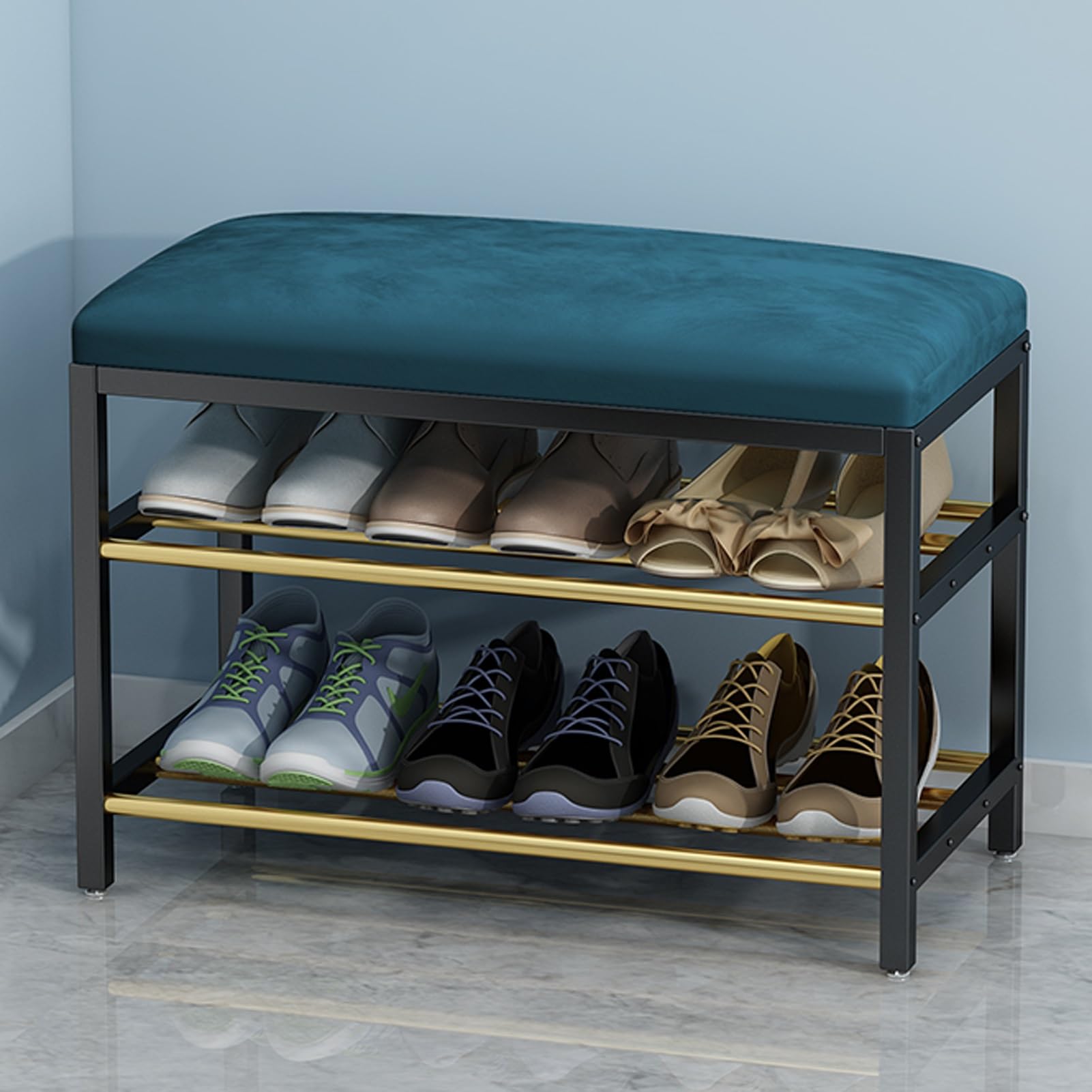 Banc à chaussures en velours bleu 60cm avec 3 niveaux et étagère intégrée
