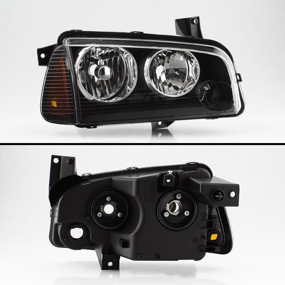 AKKON - For 2006-2010 Dodge Charger Black Headlights + Amber Corner Signal Lights (Left and Right) Raeplacement