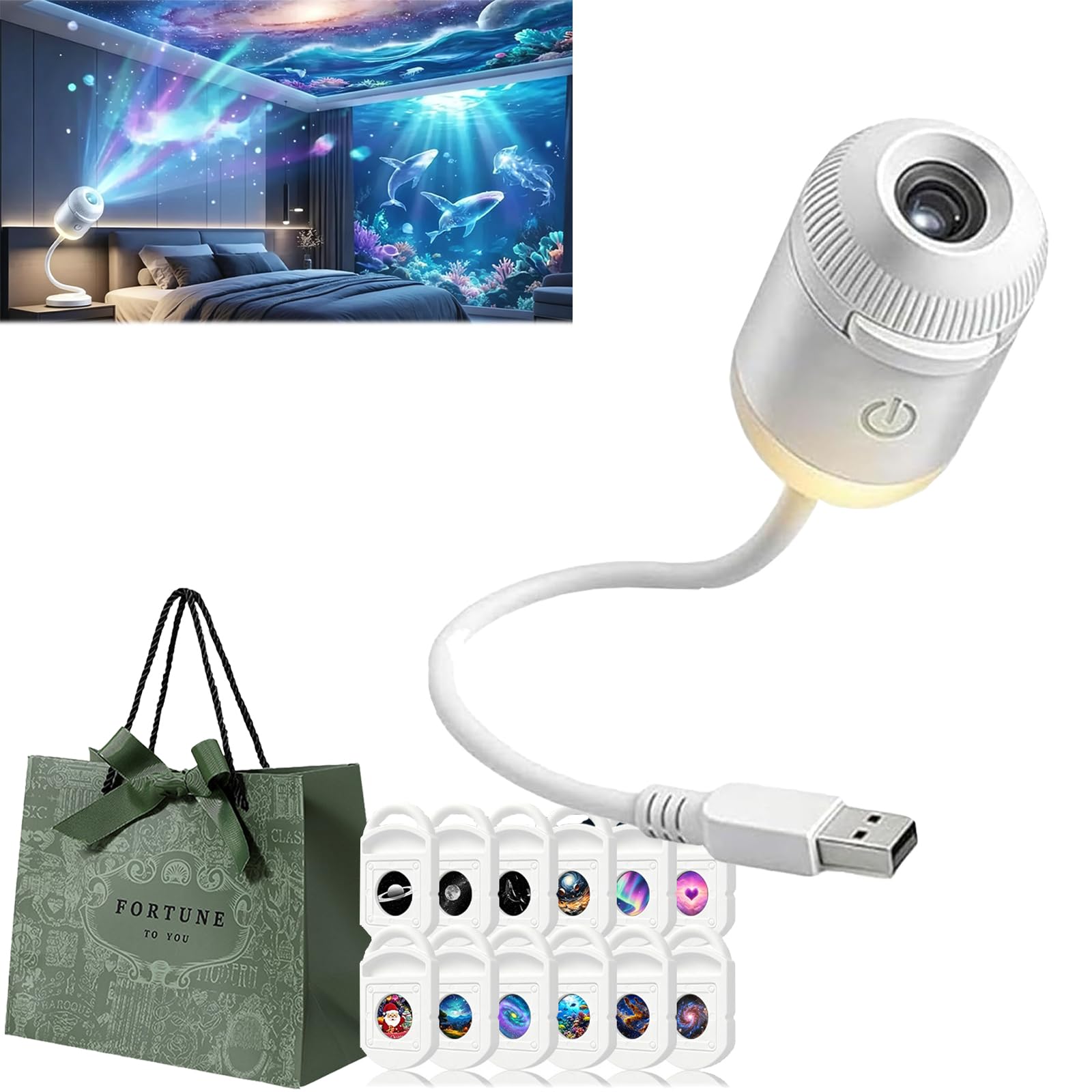 Galaxy Projector Night Light, Plug and Play HDStar Projector, 360° Rotating Starry Sky Projector, HD Smart Dynamic 5d Holographic Night Light Projector, para coche, dormitorio, 12 películas