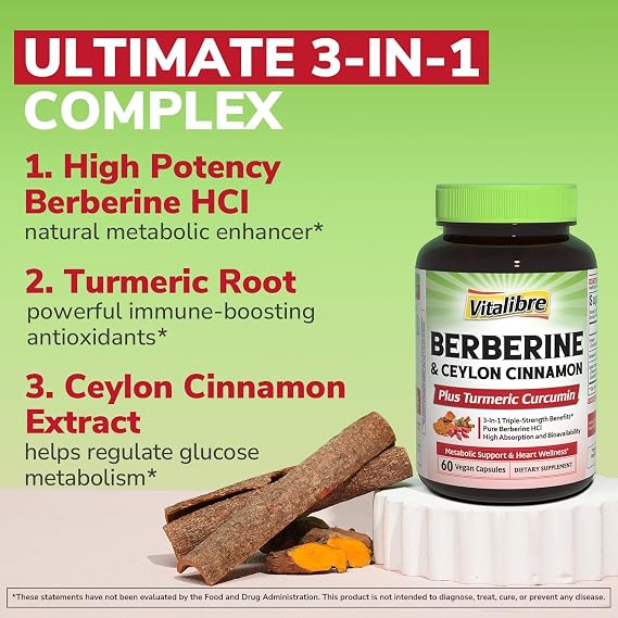 Vitalibre Berberine with Ceylon Cinnamon, Turmeric Root, Triple Strength, 97% High Potency Berberine HCl, Support Metabolism, Heart Health, Immune System, Vegan, 60 Capsules