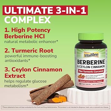 Vitalibre Berberine with Ceylon Cinnamon, Turmeric Root, Triple Strength, 97% High Potency Berberine HCl, Support Metabolism, Heart Health, Immune System, Vegan, 60 Capsules