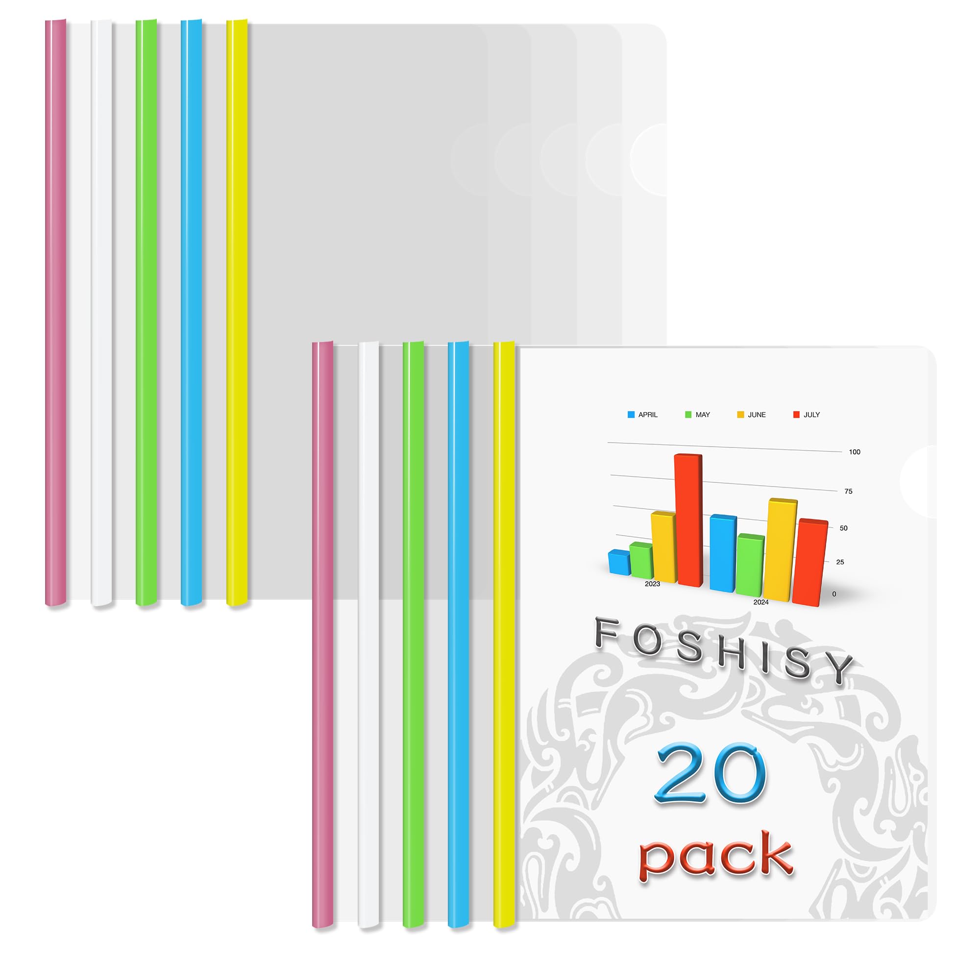 FOSHISY A4 20 Pack Clear Report Covers with Sliding Bars, 6mm(25 Sheet Capacity) Sliding Bar Report Covers,5 Assorted Colors