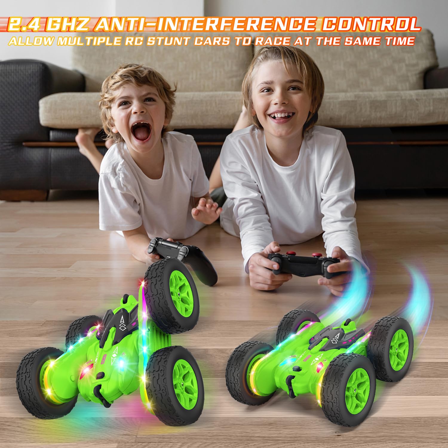 Terucle Remote Control Car, Rc Cars Stunt RC Car Toys Upgraded Strip Lights and Headlights Car Toys Double-sided 360° Rotating 4WD Rc Drift Truck for Boys Girls Birthday Gift (Green)