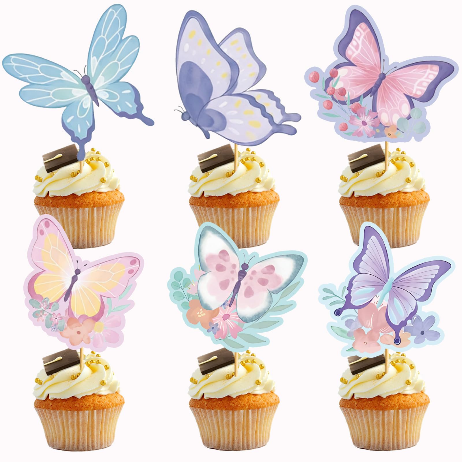24 PCS Butterfly Cupcake Toppers Butterfly Cake Decorations Butterly Themed Party Decorations Cupcake Toppers for Birthday Party Baby Shower