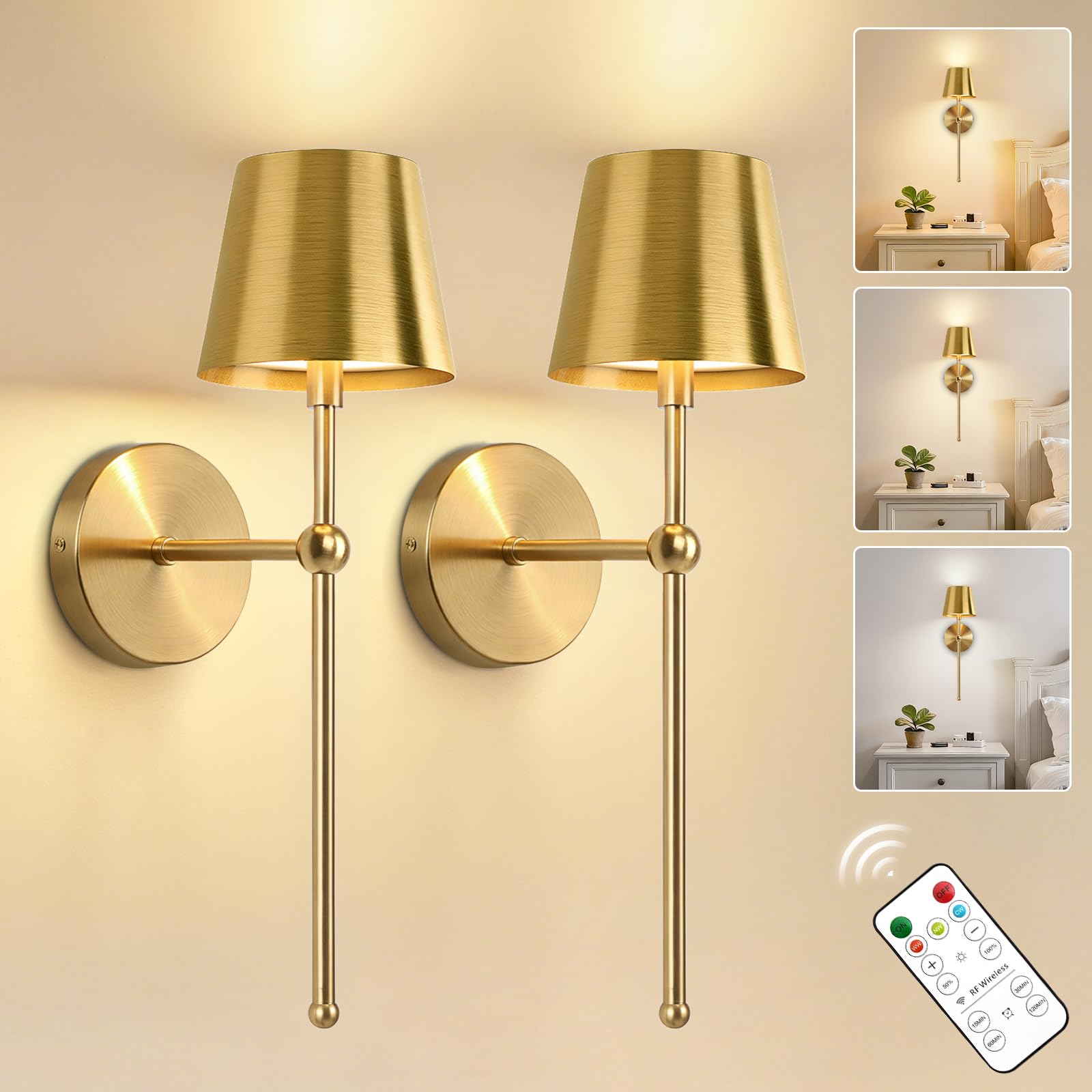 Kimjo 5200mAh Battery Operated Wall Lights, Vintage Gold Rechargeable Wall Lights Indoor with Remote, Wireless Wall Sconces Set of 2, Dimmable Wall Mounted Lamp for Living Rooms, Bedroom, Hallways