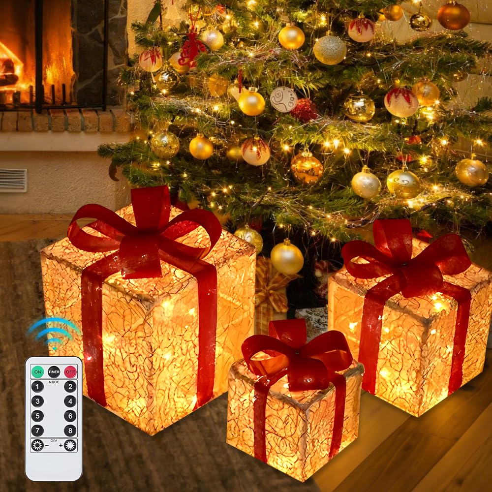 Mineup 3 x pudełka prezentowe LED, dekoracja bożonarodzeniowa z timerem, 8 trybów świecenia, pudełko dekoracyjne, oświetlenie bożonarodzeniowe, dekoracja na Boże Narodzenie, adwent zimę, choinkę
