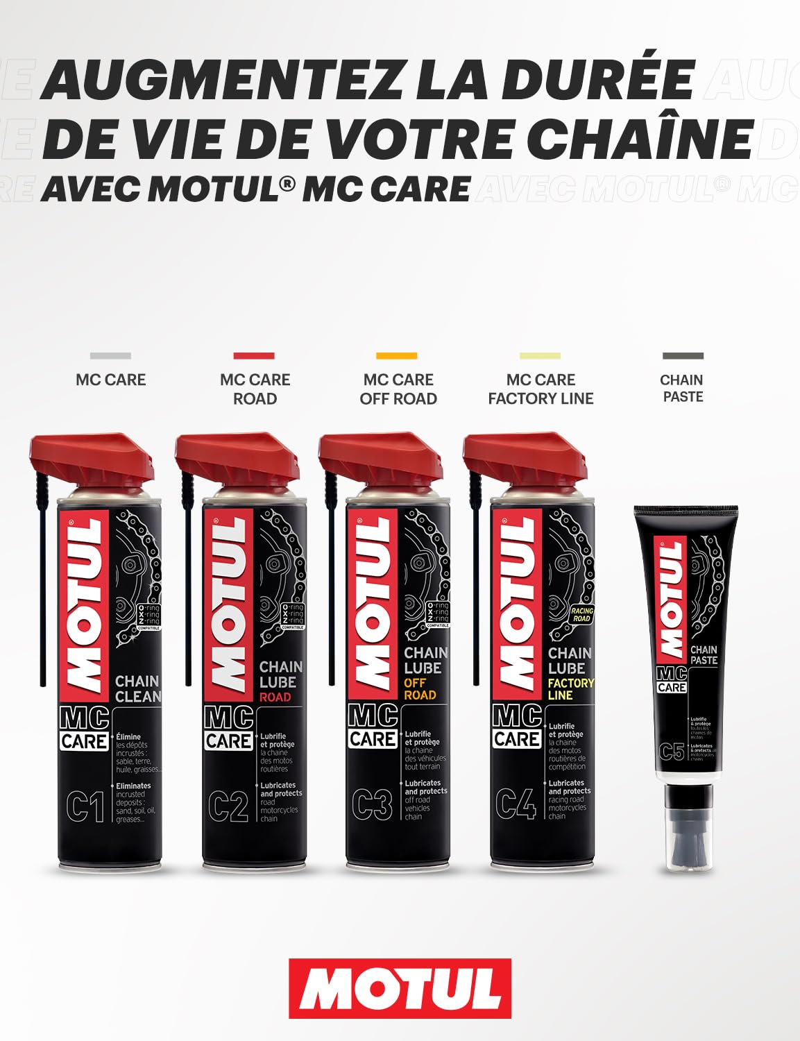 Motul - Kit d'entretien Chaîne Moto Routière de Compétition - Nettoyant MC Care Chain Clean C1 400ml + Lubrifiant MC Care Chain Lube Factory Line C4 400ml + Brosse Non Abrasive