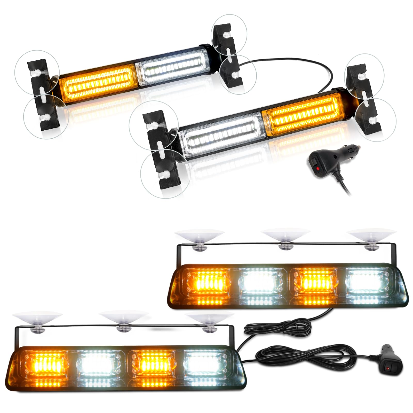 HLautoBundle-2 Items: 1002L Emergency Strobe Traffic Advisor Light Bar, 40LED 2x10.7 Safety Warning Flashing Light (Amber White) + 2002L Dash Strobe Lights, 48 LED 2x8.5 Hazard Lights (Amber White)