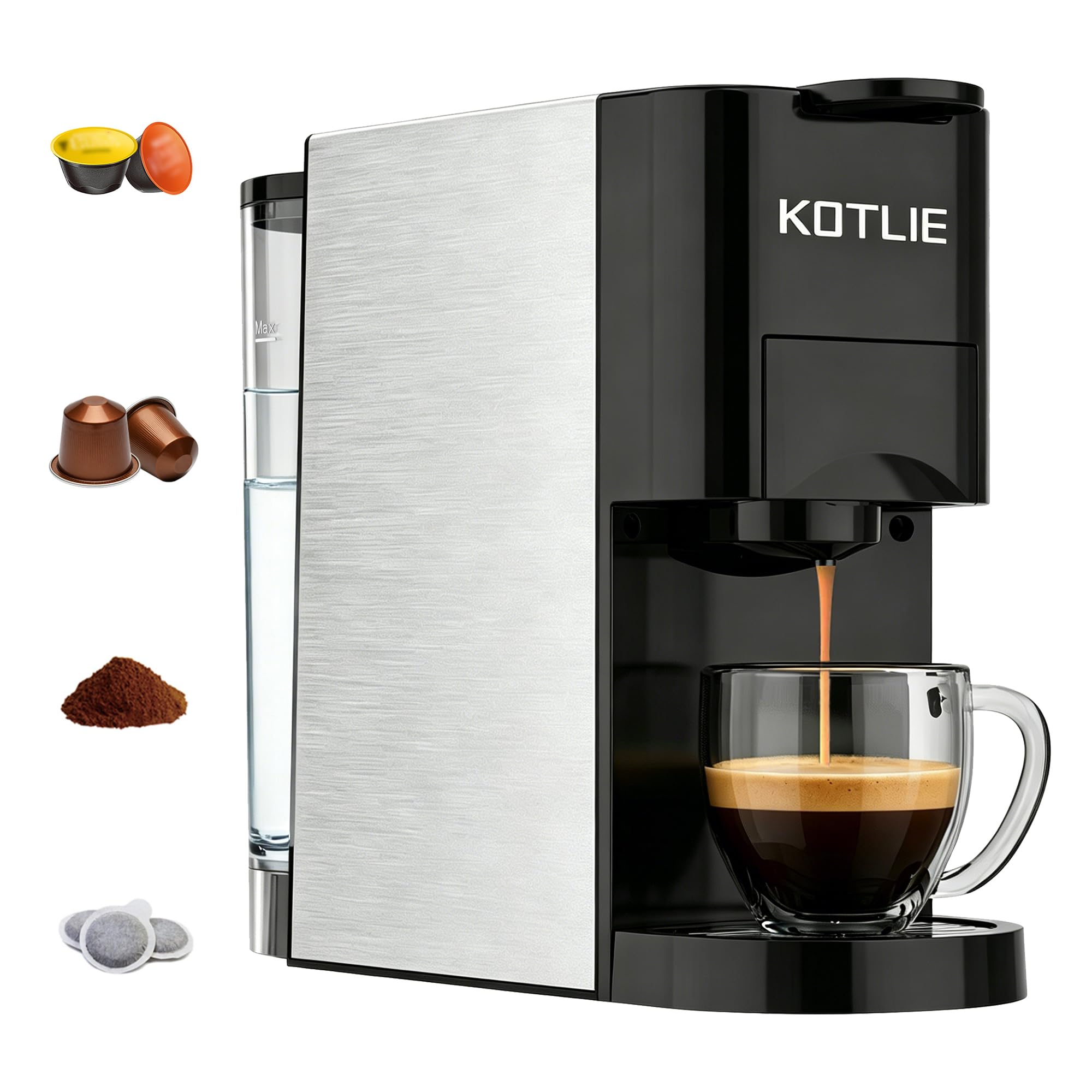 Expreso 4 en 1 Cafetera de Capsulas para Dolce Gusto/Nespresso Original/Ground/ESE Pods,19 Bar Alta Presión Apagado Automático Depósito Cafetera Capsulas (Negro) AC-513K
