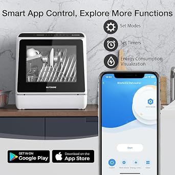 BLITZHOME Portable Dishwasher Countertop, WIFI Smart Dishwasher, Compact Dishwashers with 5L Built-in Water Tank, 6 Programs, 360 Dual Spray, High-Temp& Air-Dry Function, Fruit Cleaning