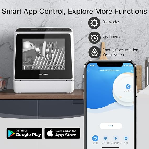 BLITZHOME Portable Dishwasher Countertop, WIFI Smart Dishwasher, Compact Dishwashers with 5L Built-in Water Tank, 6 Programs, 360 Dual Spray, High-Temp& Air-Dry Function, Fruit Cleaning