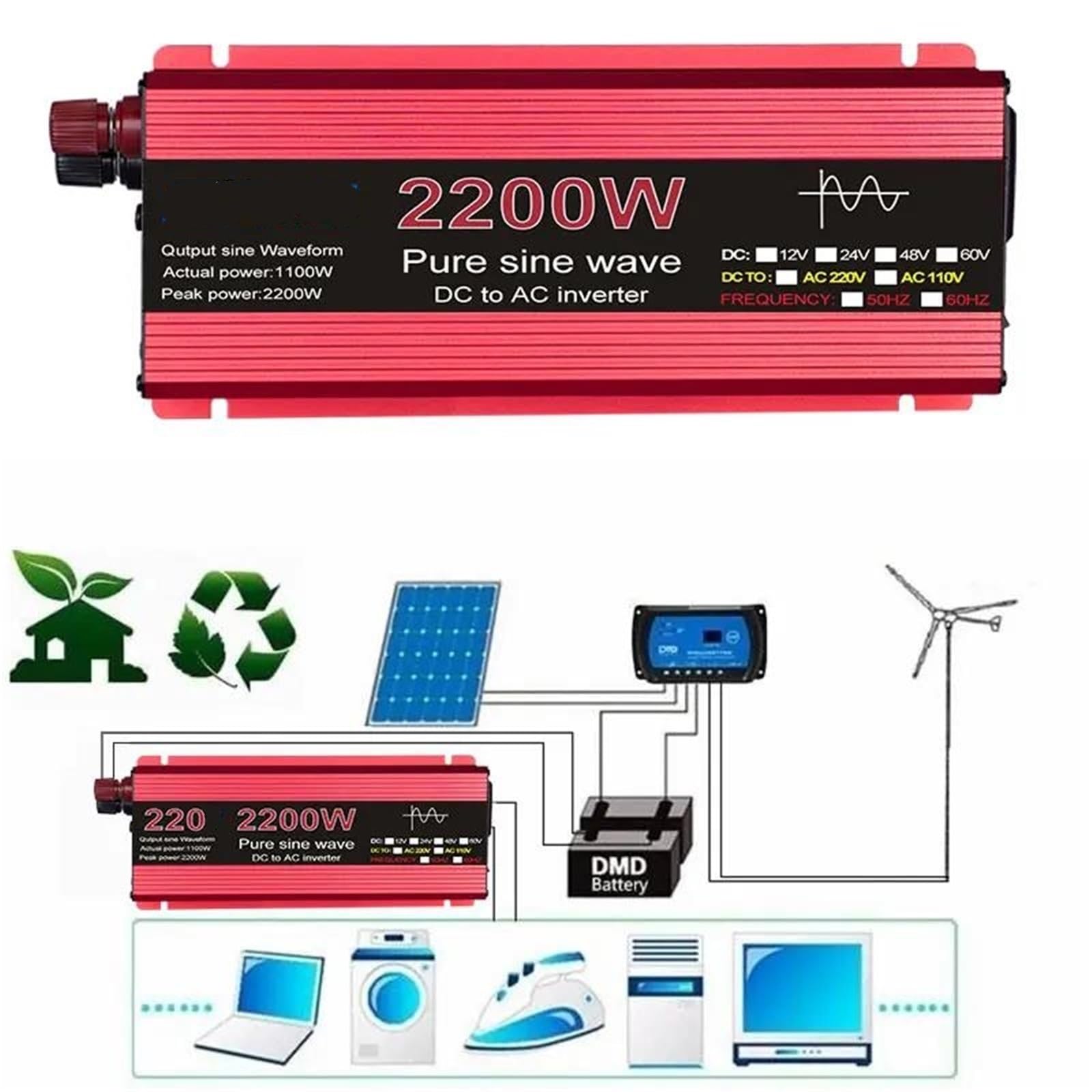 Inversor Inversor De Onda Sinusoidal Pura 1000W 1600W 2200W 3000 W CC 12 V Y 24 V A CA 110 V Y 220 V Convertidor De Potencia Inversor Solar(1000W-12V)
