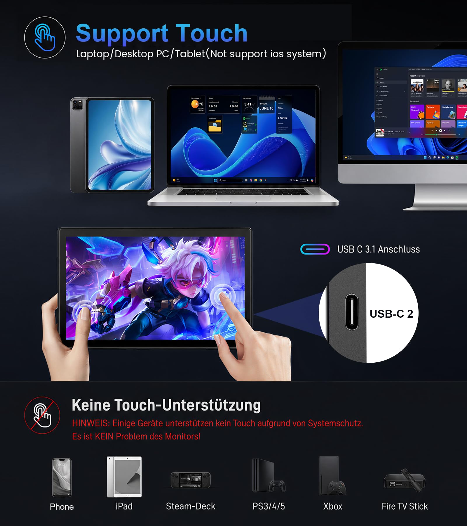 11 Zoll Touchscreen Monitor 100% NTSC 139% sRGB, 2.5K 2560 * 1600 IPS Tragbares HDMI USB C Touchscreen Display 16:10 400 nits mit Kickstand, Mini Minotor für Laptop, PC, Business