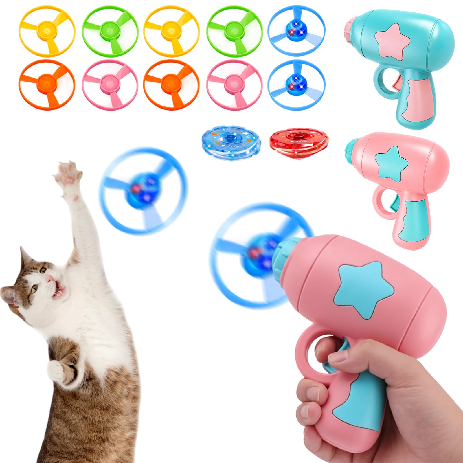 XazNvc Flying Disc Launcher Toy, Interactive Cat Toy,14 Pieces, Cat Fetch Toy for Indoor Exercise and Outdoor Training Activities, Includes Pink and Blue Launchers