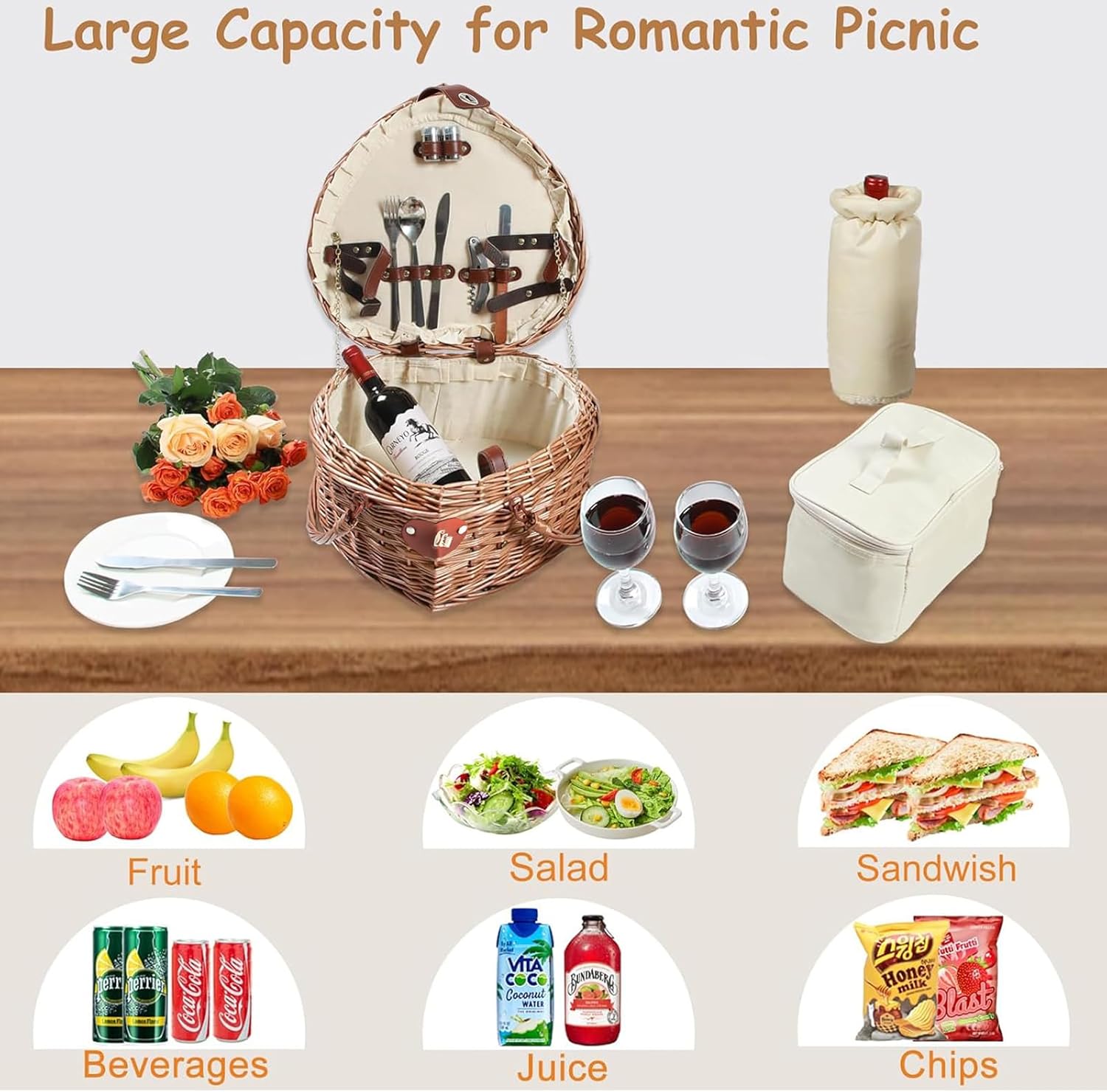 Heart Shaped Picnic Basket Set 2 Person,Wicker Romantic Willow Woven Basket W/Tableware for Camping Indoor Outdoor Party,Couple Gift for Valentine's Day,Engagement,Wedding,Anniversary,Birthday