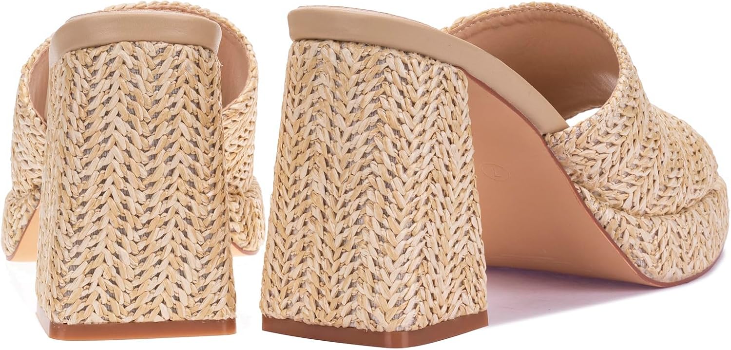 Monrovia Raffia Heeled Sandals for Women,Platform Wedge Slip On Block Heel, Dressy Summer Open Toe Chunky High Heel Vacation Beach Slides Sandals - Image 6