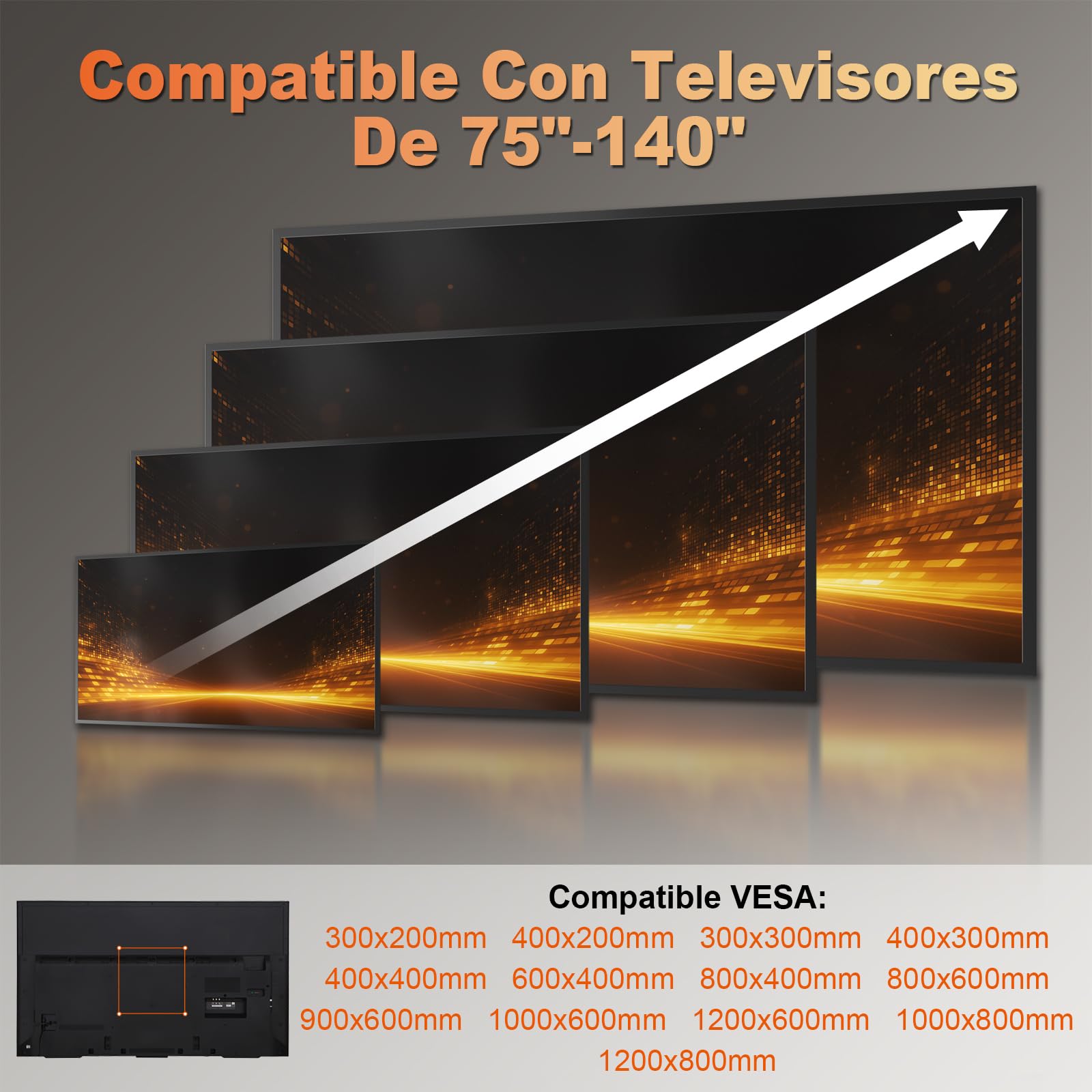 Soporte de Pared Universal para televisores de 37 a 140 Pulgadas, hasta 125 kg, máx. VESA 1200 x 800, Color Negro