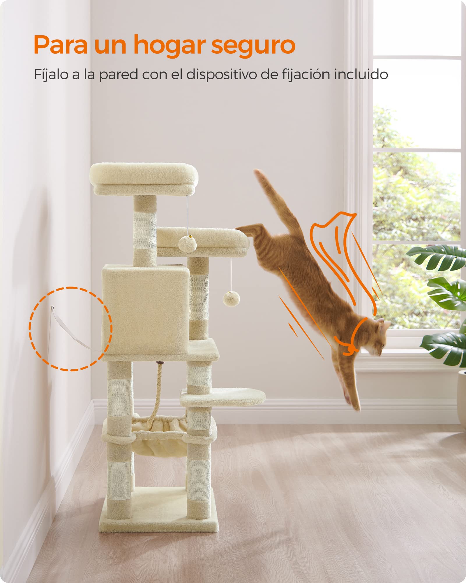 Feandrea Albero per Gatti Alto 112 cm, Tiragraffi per Gatti, con 11 Pali Graffiatoi, 2 Posatoi, 1 Grotta, 1 Amaca, 2 Pompon, in Peluche a Più Livelli, Beige PCT215M01
