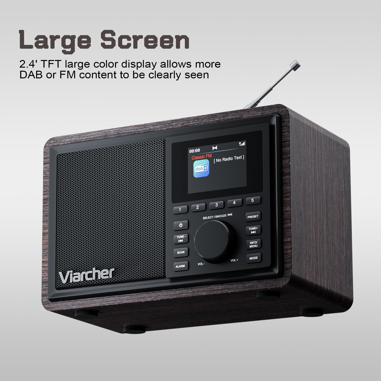 DAB/DAB+ & FM Digitalradio mit Bluetooth, Küchenradio mit Dual-Weckfunktion, Schlaf-Timer, 60 Sendern, AUX, Farbdisplay, Nussbaum-Optik