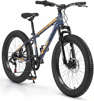 Kids Mountain Bike, 20 24 Inch Fat Tire Bike for Teen Ages 6-15 Year Old, Bicycle with 4-Inch Wide Tires, 7 Speed, Dual Disc Brake, Suspension Fork, High Carbon Steel Frame