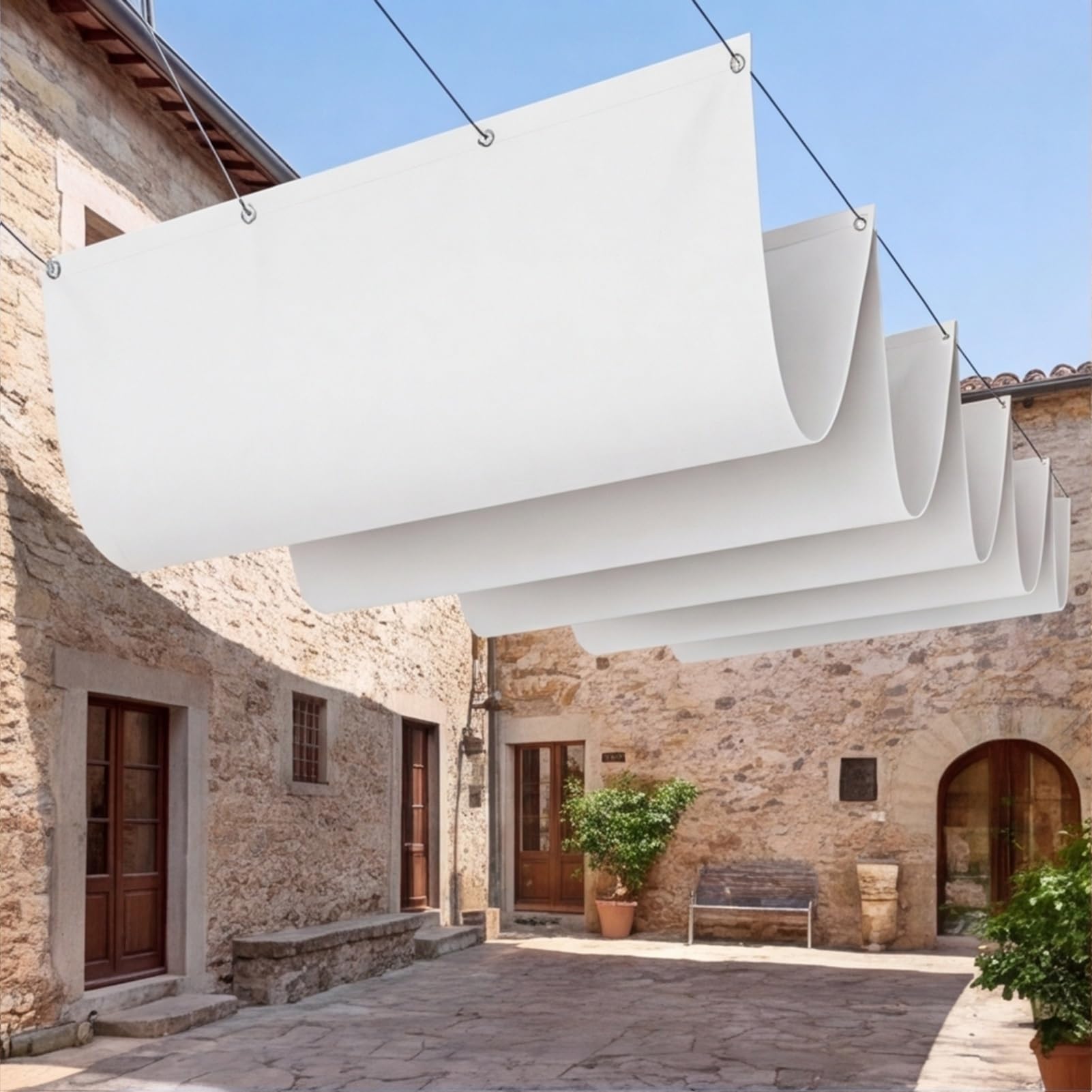 Chowany żagiel przeciwsłoneczny 110 x 525 cm, z oczkami i sznurkiem, markiza falista na wymiar, ochrona przed promieniowaniem UV i rozerwanie, do ogrodu, na balkon, taras, biały