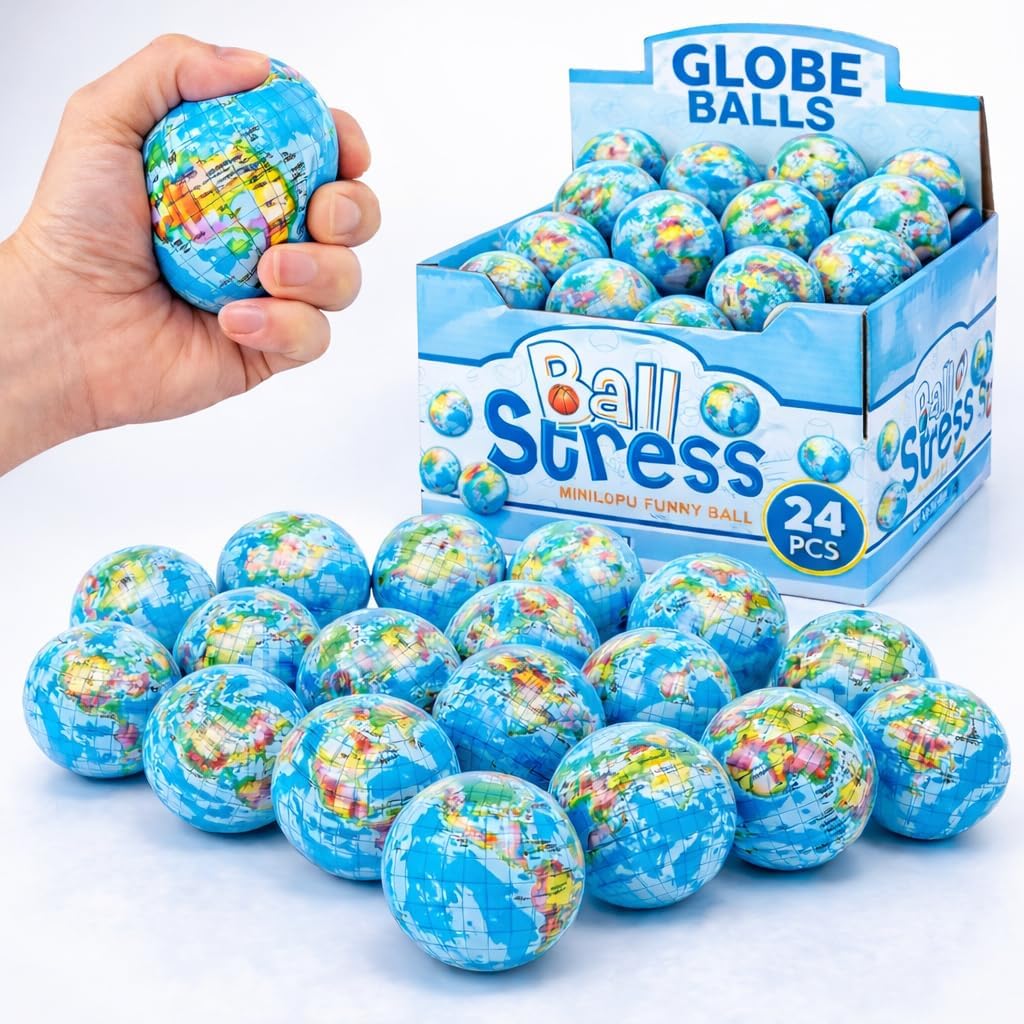 24 Pack - Globe Mini Soft Foam Earth Squeeze Balls, 2.5" Squeezable World Toy Stress Relief Bulk Educational Novelties for Kids, School, Classroom, Party Favors, Rewards