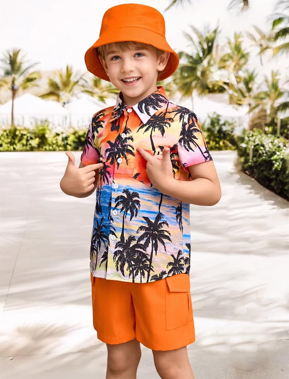 IBTOM CASTLE Boys Hawaiian Button Down Shirts and Short Sets with Bucket Hat Kids Summer Vacation Outfits Tropical Shirt - Image 3