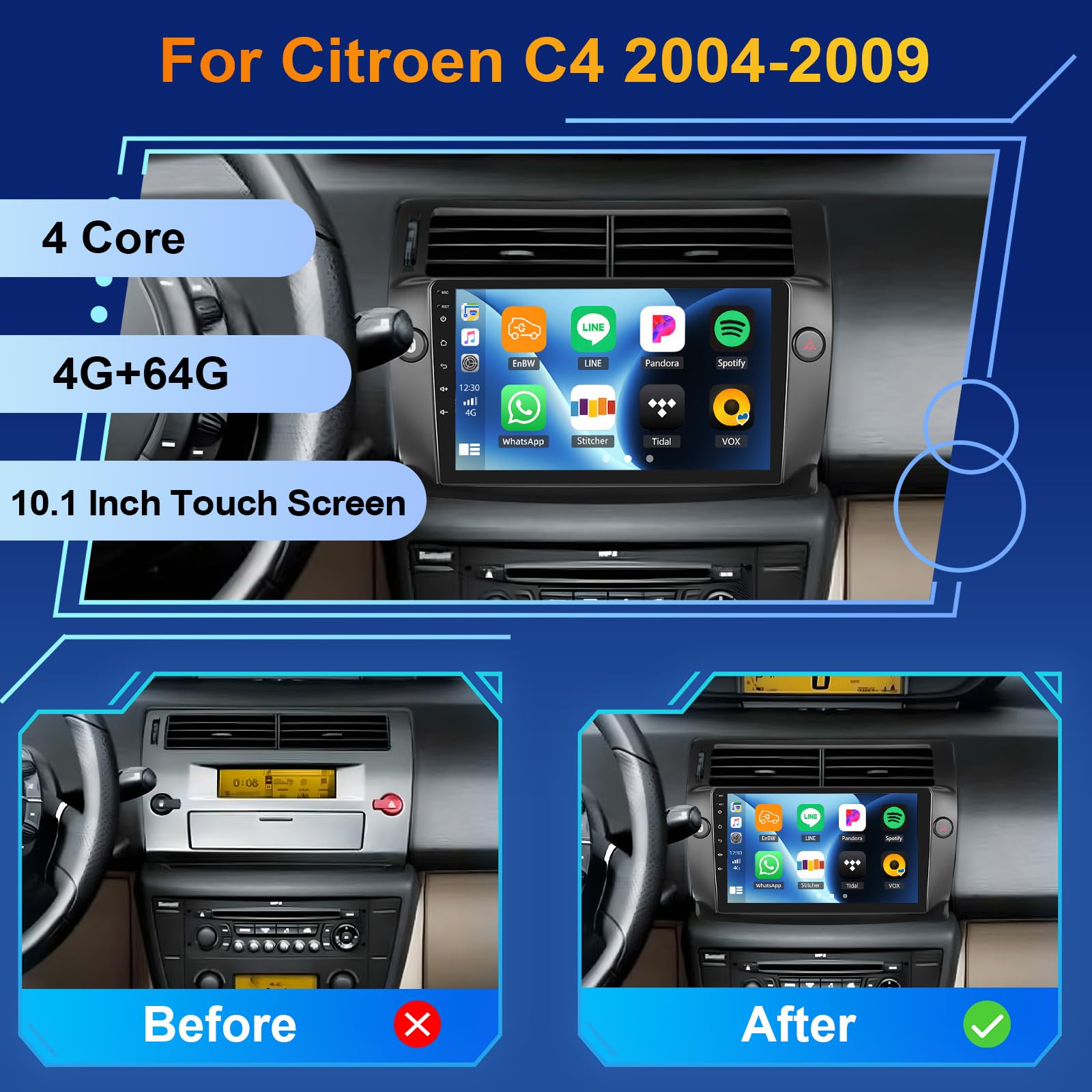 para Citroen C4 2004-2009, Android 15, 4G+64G GOHHDL Radio de Coche para Citroen C4 con Carplay Inalámbrico Android Auto, Radio Táctil de 9 Pulgadas 2Din con GPS WiFi Bluetooth FM/RDS SWC Cámara&Mic