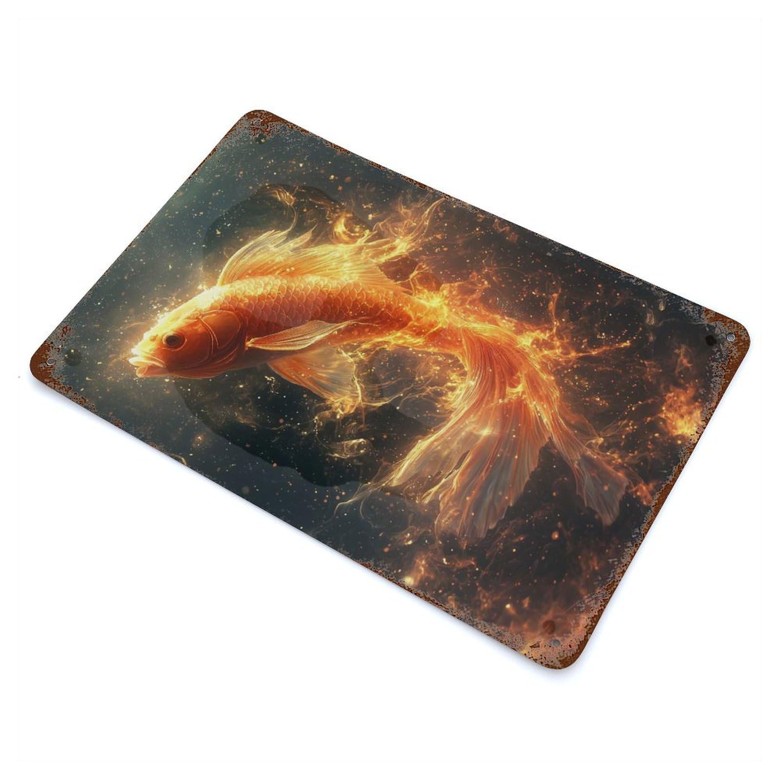 Fiery Goldfish Rust Effect Tin Sign 11.8"x7.9", Ideal for Farmhouse, Kitchen And Entryway Decor