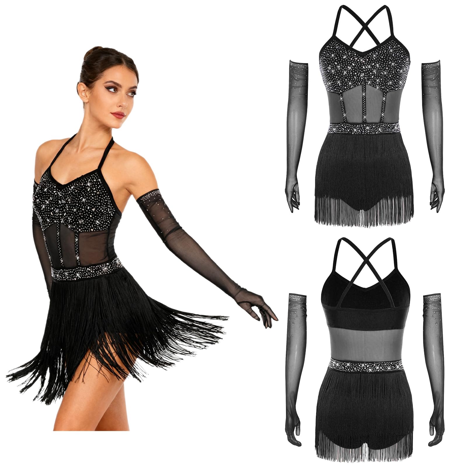 Traje de Danza Latina Salsa para Mujer con Flecos Maillot Patinaje Artístico con Guantes de Malla de Pedrerías Brillantes Traje Baile de Salón Tango Chachá S-XXL