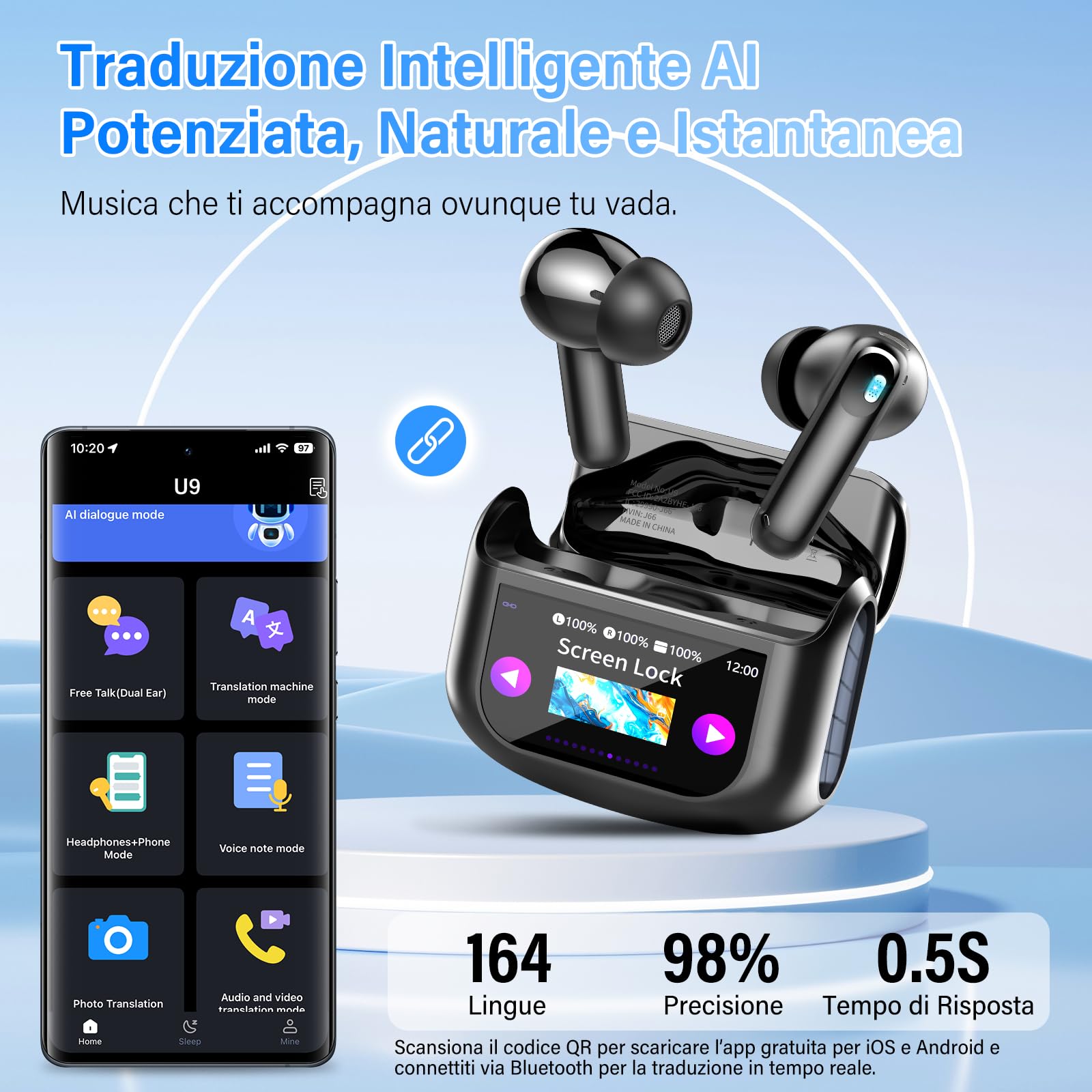 AI Cuffie Traduzione, 4-in-1 Auricolari Cuffiette, Traduttore Istantaneo Vocale in 164 Lingue, Cancellazione Rumore ANC/ENC, 7 Modalità Traduzione, Schermo Tattile LED, Musica/Chiamate/Traduttore