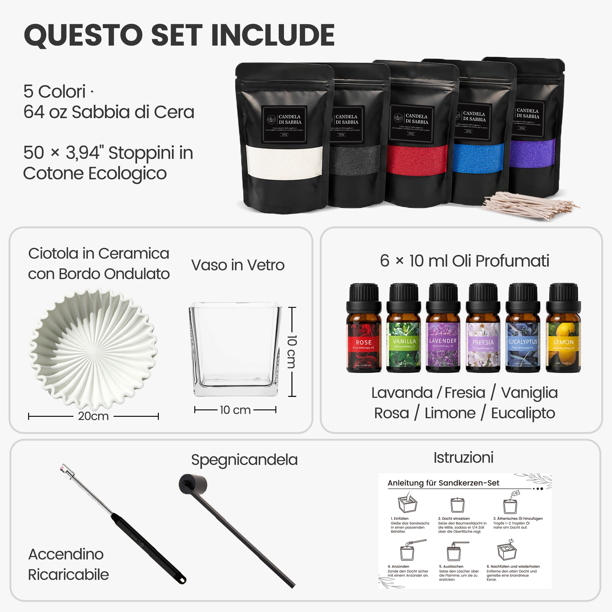 1800g Kerzensand mit Dochten & Schalen, DIY-Sandwachskerzen-Set in 5 Farben