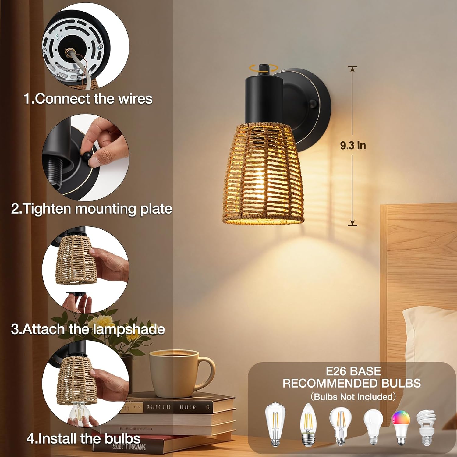 Boho Rattan Wall Sconces Set of 2 - Vanity Lights for Bathroom Farmhouse Wall Light Fixtures with Rotary Switch - Black Indoor Wall Mount Lighting Rustic Lamp for Bedroom Living Room Hallway