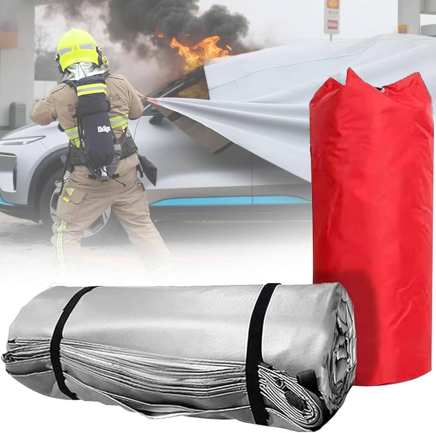 JozyJul Large Double-Sided Silicone Fiberglass Emergency Vehicle Fire Blanket, Car Fire Blanket for Electric Vehicles, Emergency Fire Extinguisher Blanket for Car 4×6m/13.1×19.7ft