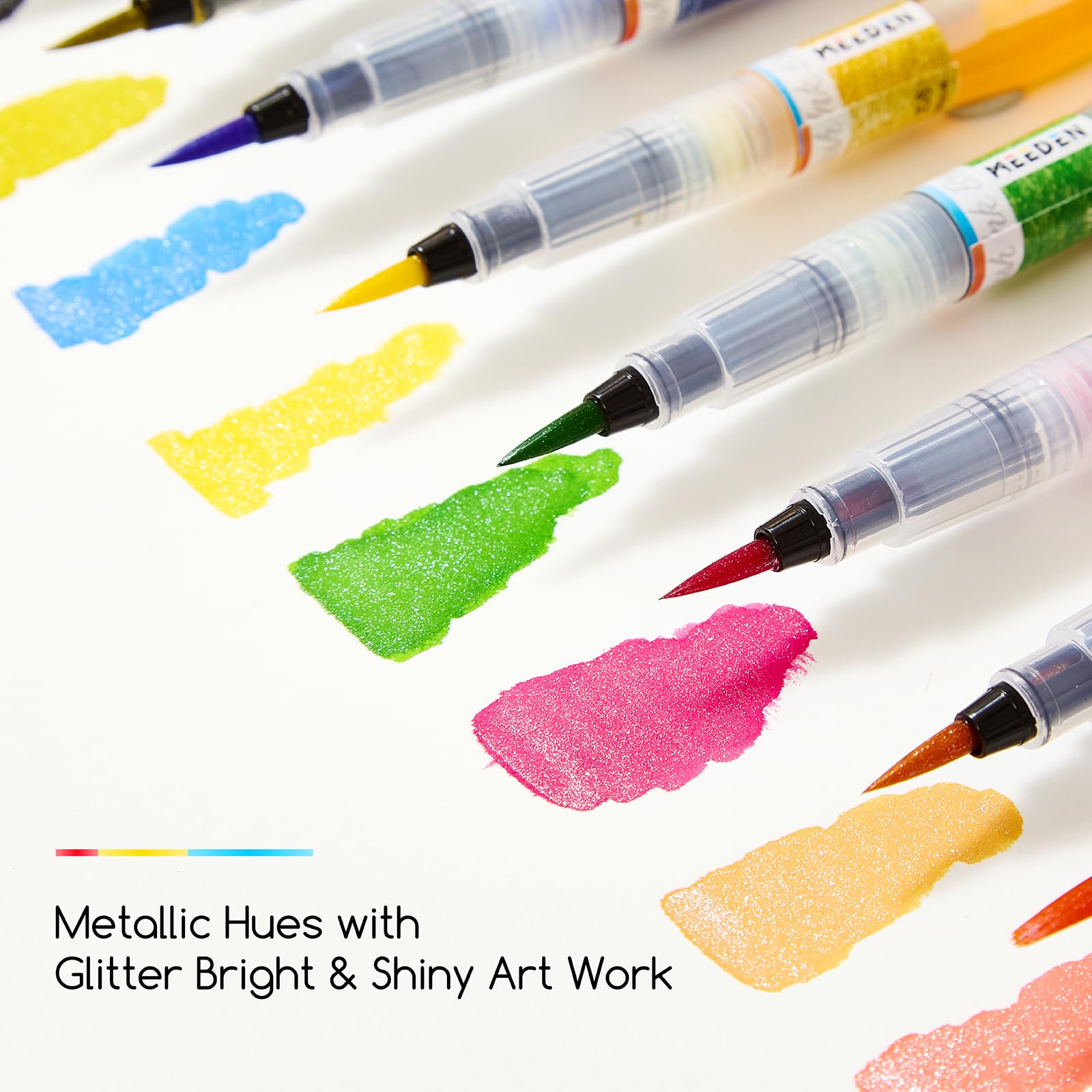 MEEDEN Pinceles de tinta de acuarela líquida: juego de 24 pinceles básicos vibrantes + 12 colores nacarados a base de tinta de acuarela, juego de pinceles creativos, regalo para artistas