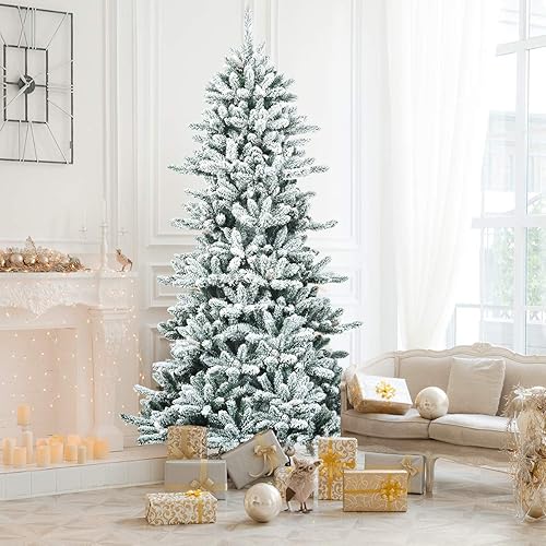 Miniatura 2 de GOFLAME Árbol de Navidad artificial flocado de nieve de 7 pies, árbol de Navidad con bisagras con conos de pino, 1108 puntas de rama, diseño