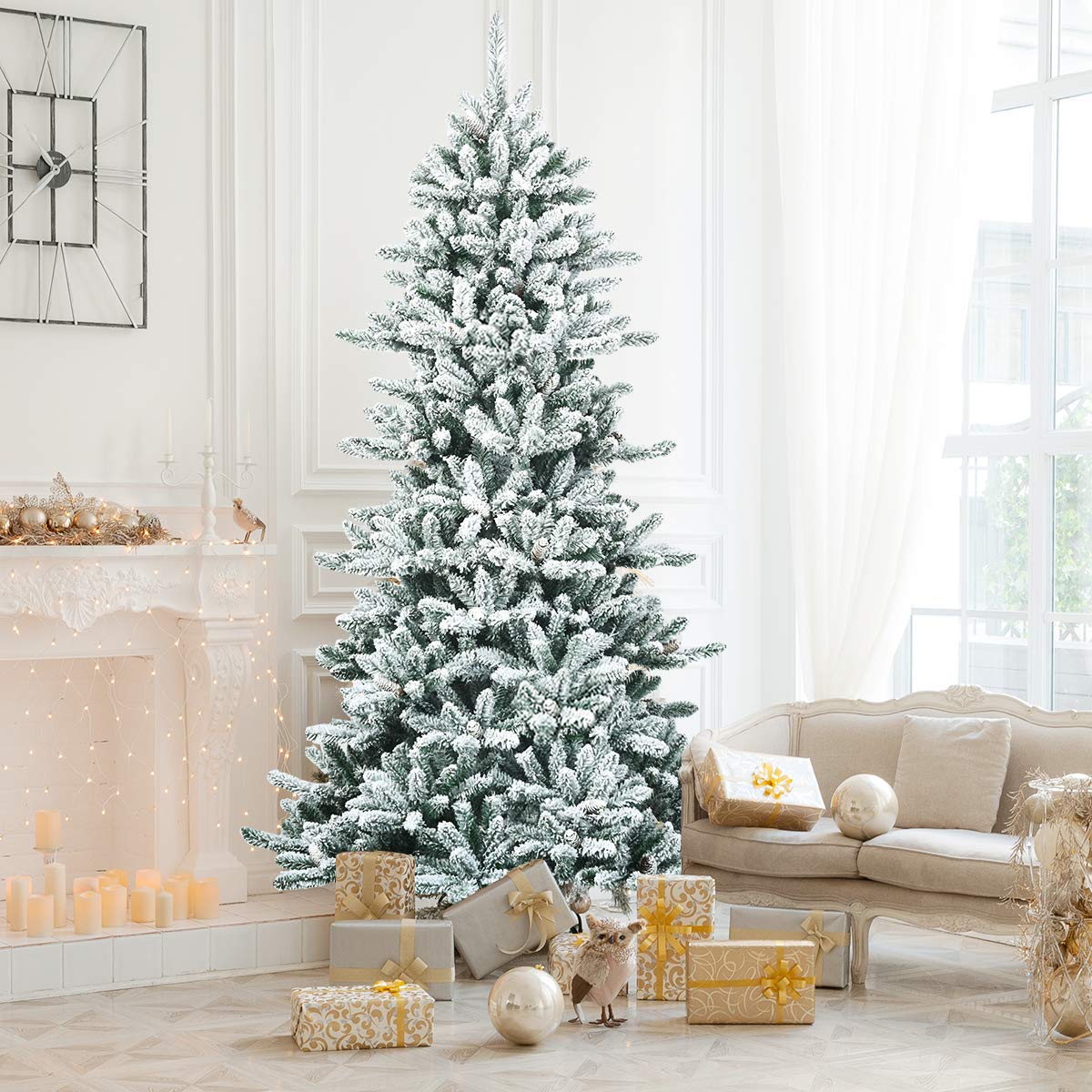 COSTWAY 210cm Künstlicher Bleistift Weihnachtsbaum mit Kiefernzapfen, schneebedeckter Tannenbaum mit Metallständer, Christbaum 1108 Spitzen PVC Nadeln, Kunstbaum Weihnachten Klappsystem