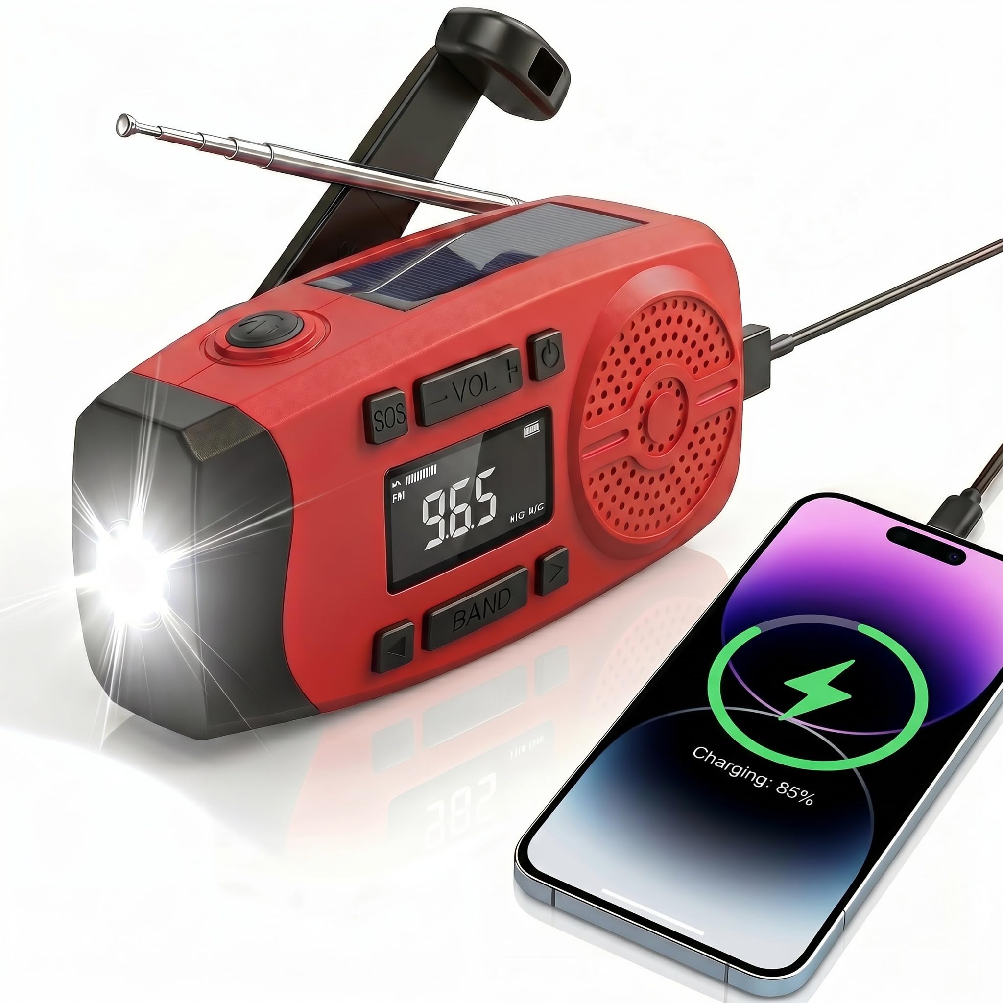 Solarkurbel-Notfallradio mit LCD-Display, 7400mWh Powerbank & 3-in-1 Taschenlampe mit SOS-Alarm, AM/FM Radio, USB/Solar/Handkurbel, Kompakte Überlebensausrüstung für Camping & Haus