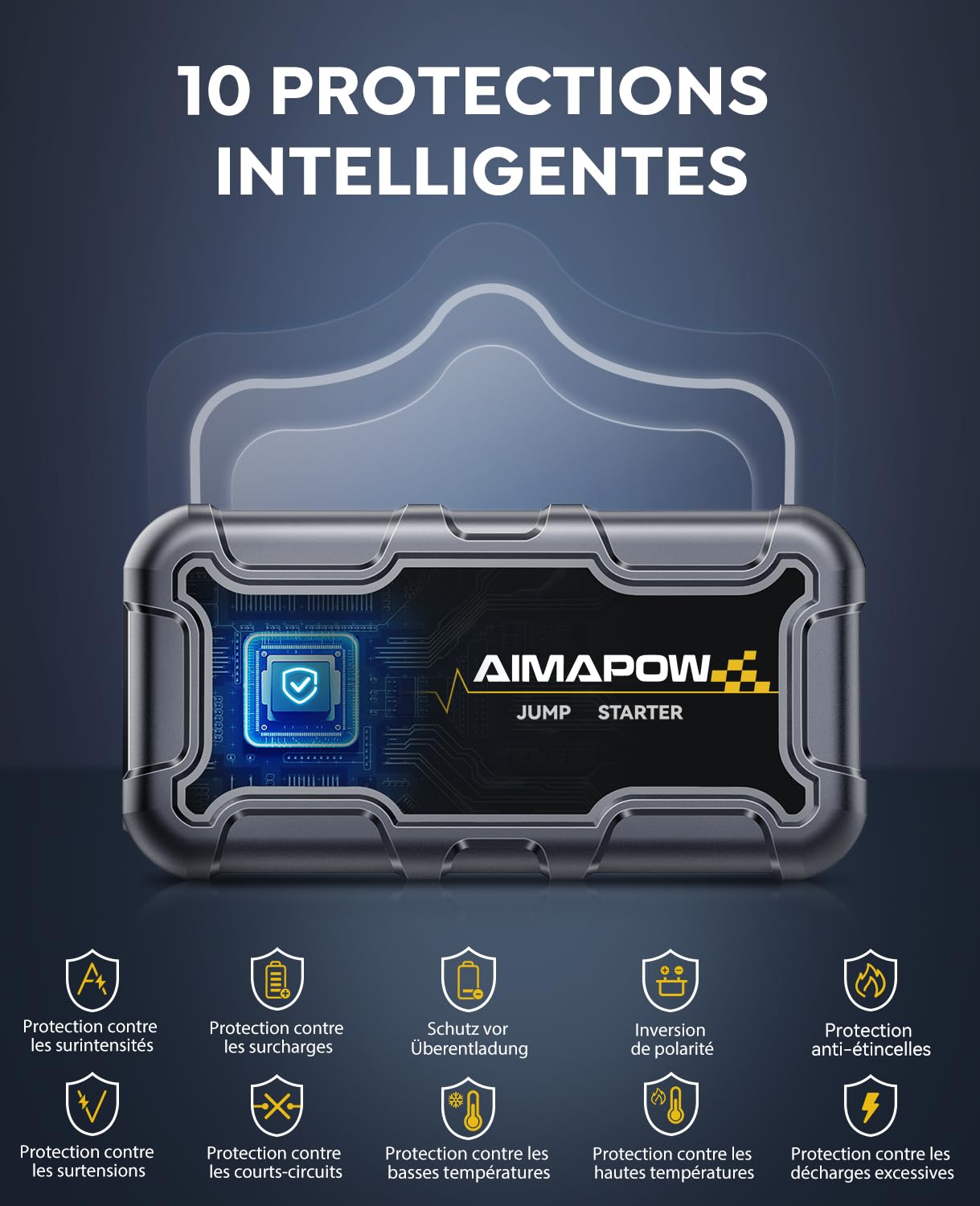 AIMAPOW Booster Batterie Voiture 6000A, Démarreur de Voiture 12V (Jusqu’à Tout Gas ou 10.0L Diesel), Booster de Batterie, Jump Starter Portable avec Pinces de Sûreté Intelligentes, Lampe LED (A20)