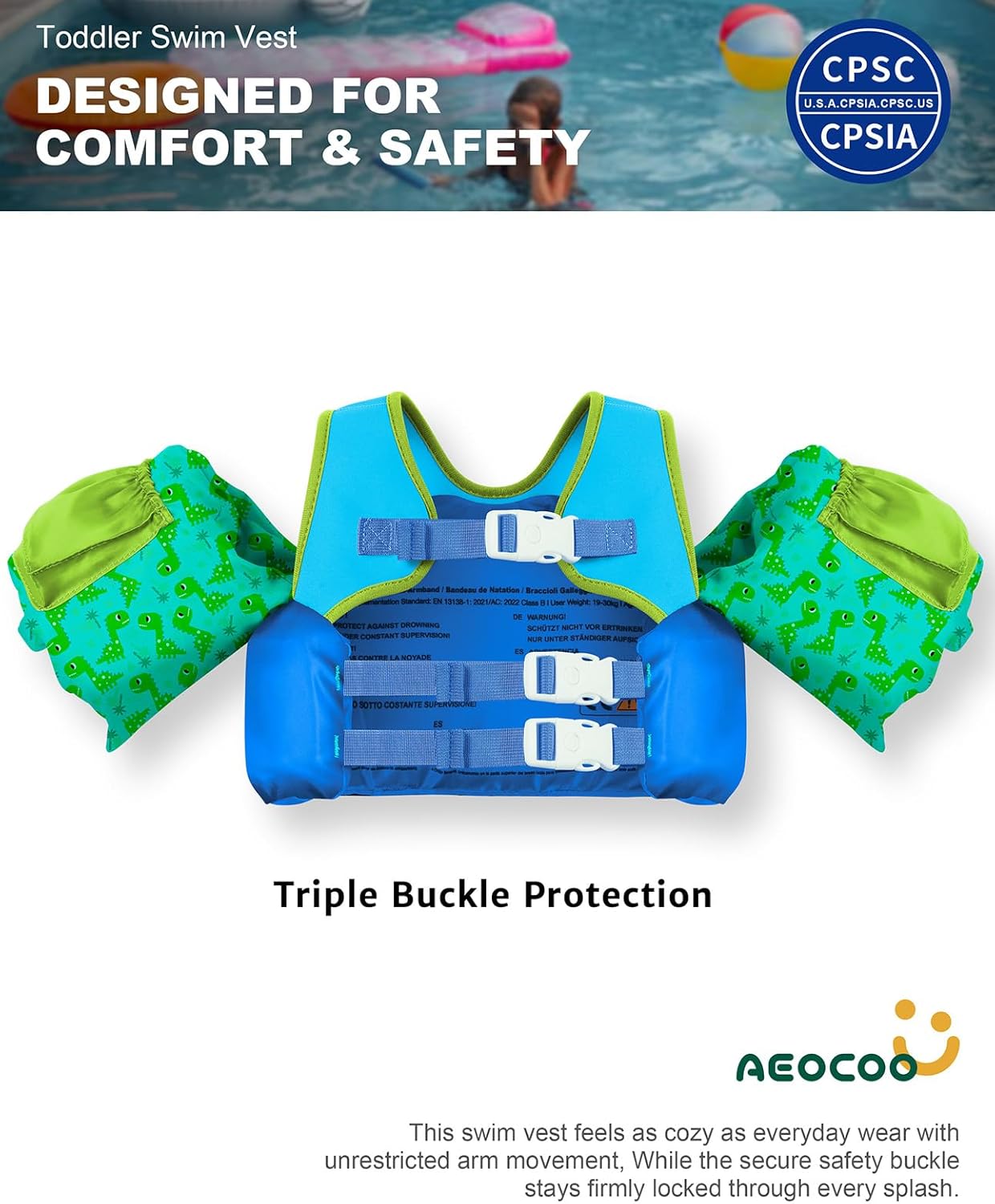 puddle float jumper 20-30-50-60-70 pounds, toddler swim vest for 1-3-5-6-9 years old, pool floats with swimming arm floaties swim jacket & water wings for kids swimmies, boys, girls, niños dinosaur fit 1-3-5 years, 20-30-50 pounds