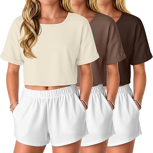 LessonZoo 3 Pack Girls' Crop Tops Kids Oversized Short Sleev