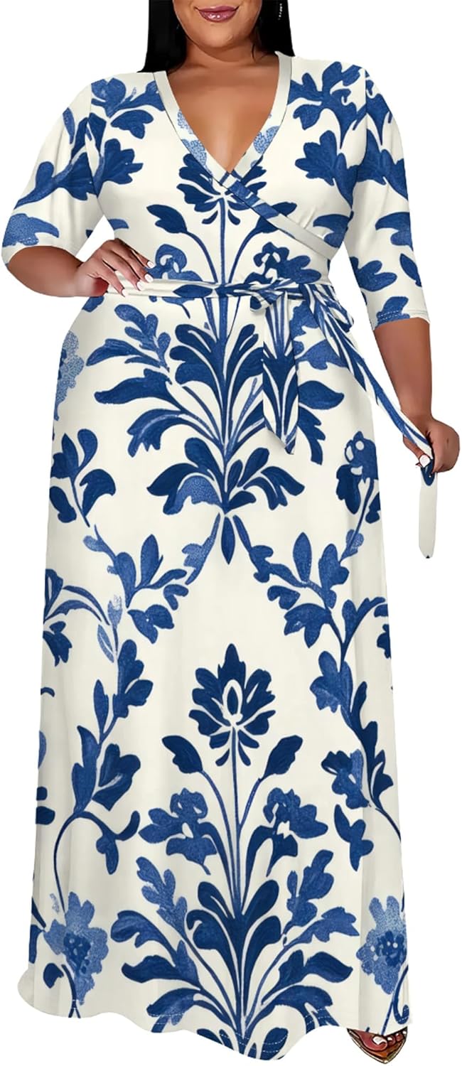 Women's Plus Size Maxi Dresses Casual Loose Short Sleeve Long Maxi Dress with Belt Wedding - Image 2