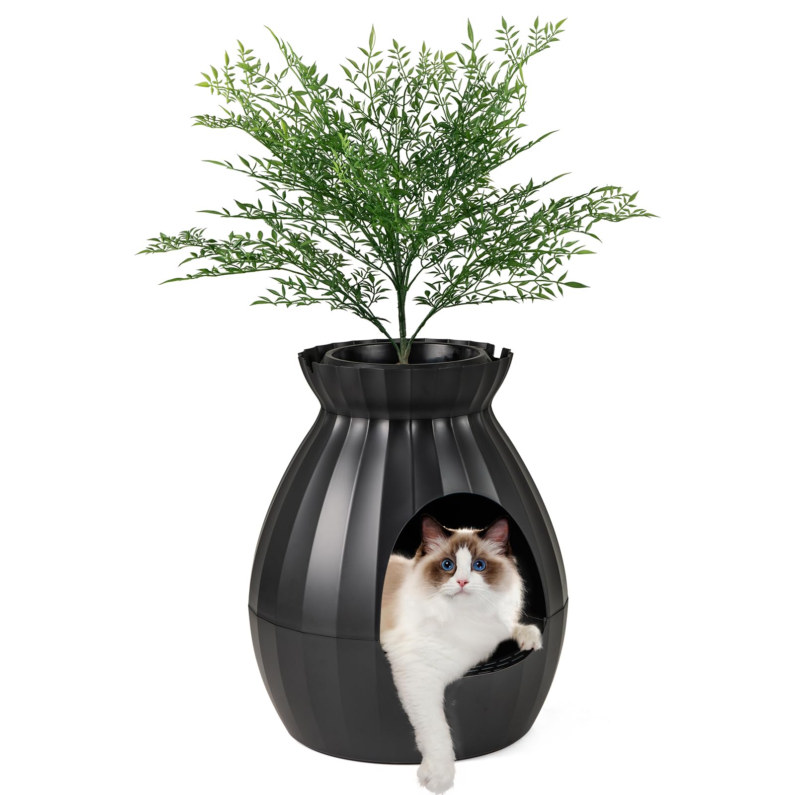 GOPLUS Bac à Litière pour Chat 63L, Contrôle Odeurs, Meuble Litière Chat Caché avec Fausse Plante, Galets, Rideau de Porte, Pelle, Facile à Nettoyer, 50x50x59cm (Noir)