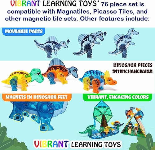 Miniatura 4 de 76 piezas de azulejos magnéticos de dinosaurio; regalo de azulejos con imán de animales; juego de construcción de troncos, preescolar, jardín de