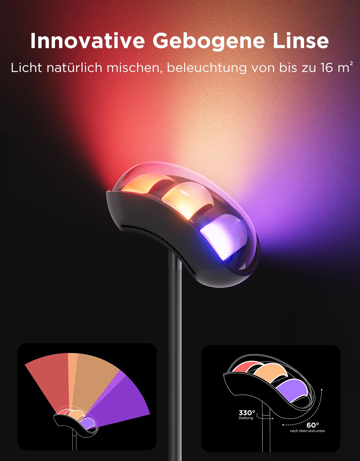 Govee Deckenfluter LED Stehlampe, RGBWWIC 3-Zone Control Stehleuchte | 16m² Gewährleisten, 780lm, 77 Szenen, Musik Sync, 170cm Stehlampen Schwarz für Wohnzimmer Schlafzimmer Deckenbeleuchtung Deko
