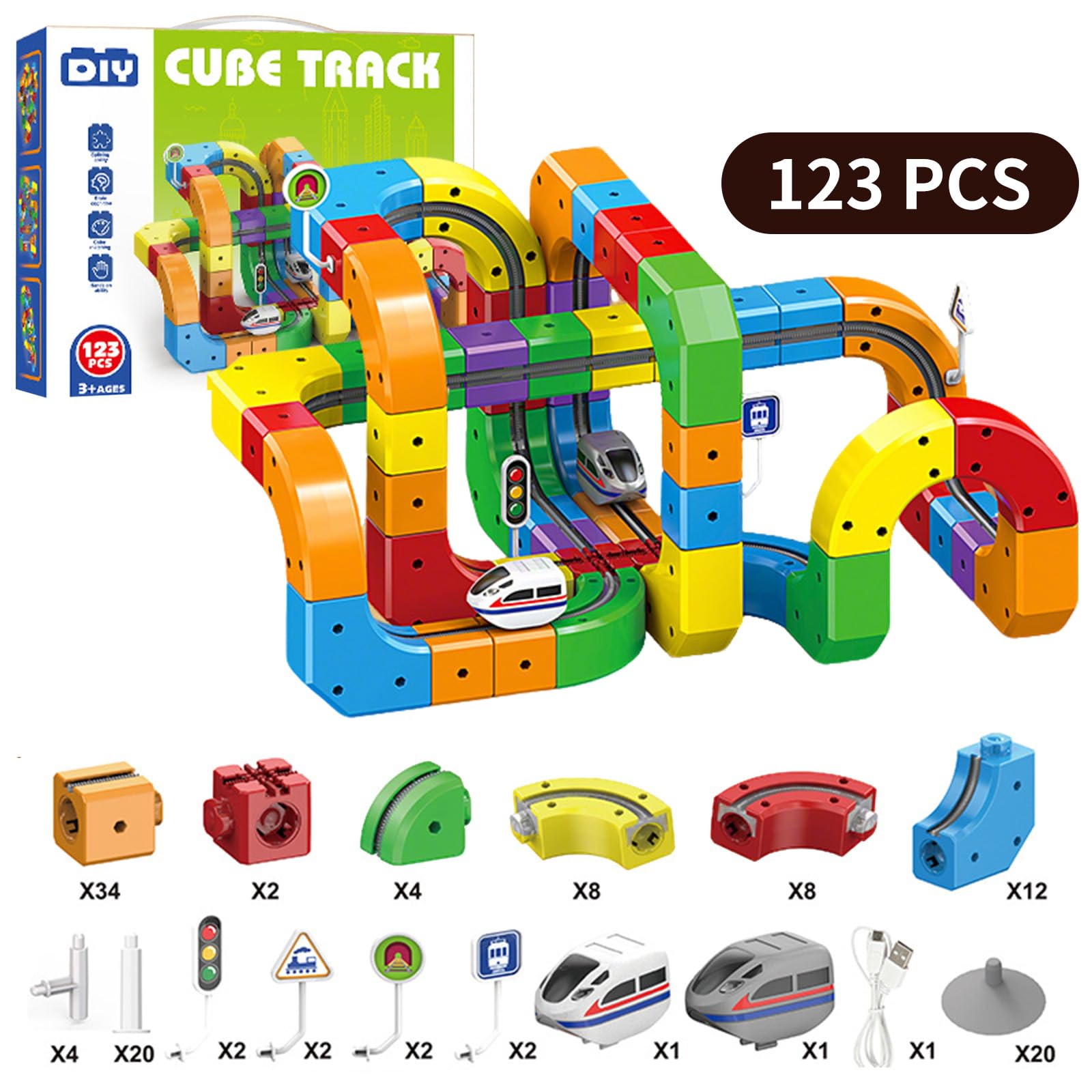 Clickrail Zestaw Elektrycznej Kolejki, Cubix 3D, Klickrail Cube Track Trasami 3D opartymi na grawitacji, Klocki Magiczne i Zasilany Pociąg, Elektryczna Kolejka dla Dzieci, Idealny Prezent (123 Sztuk)