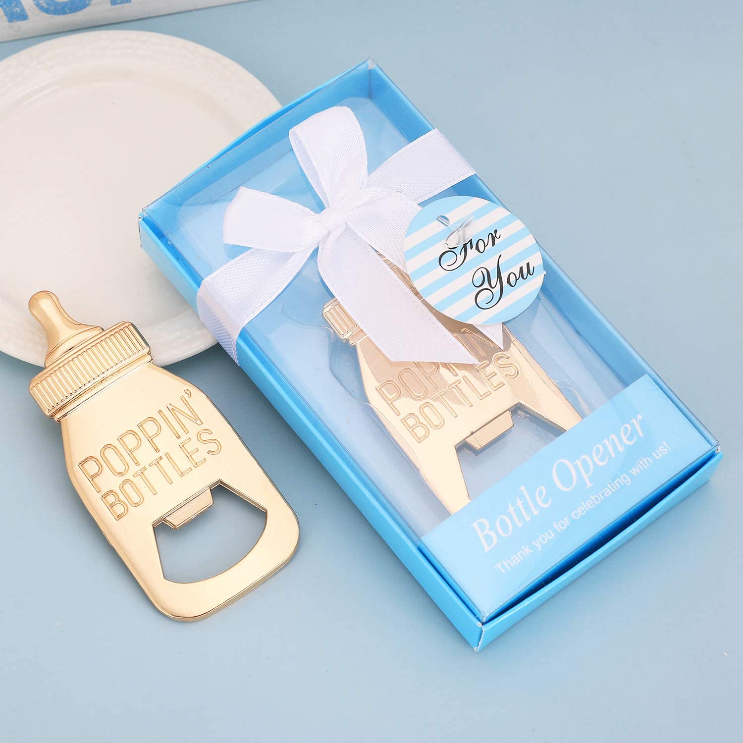 Flaschenöffner für Babypartys, Gastgeschenk für Gäste, niedlicher Flaschenöffner in Poppin-Form, Gastgeschenke für Babyparty, Souvenirzubehör und Dekorationen für Jungen oder Mädchen (echtes Blau, 6)