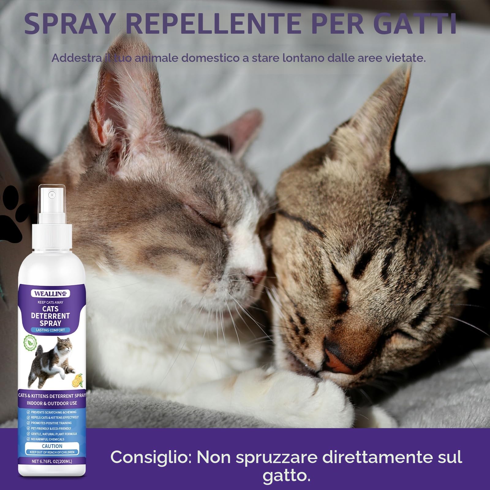 WEALLIN Spray Repellente per Gatti, 200ml Repellente Gatti e Spray AntiGraffio per Gatti Divano, Uso Interno ed Esterno, Protezione del Divano e Mobili, Ideale per Casa e Giardino
