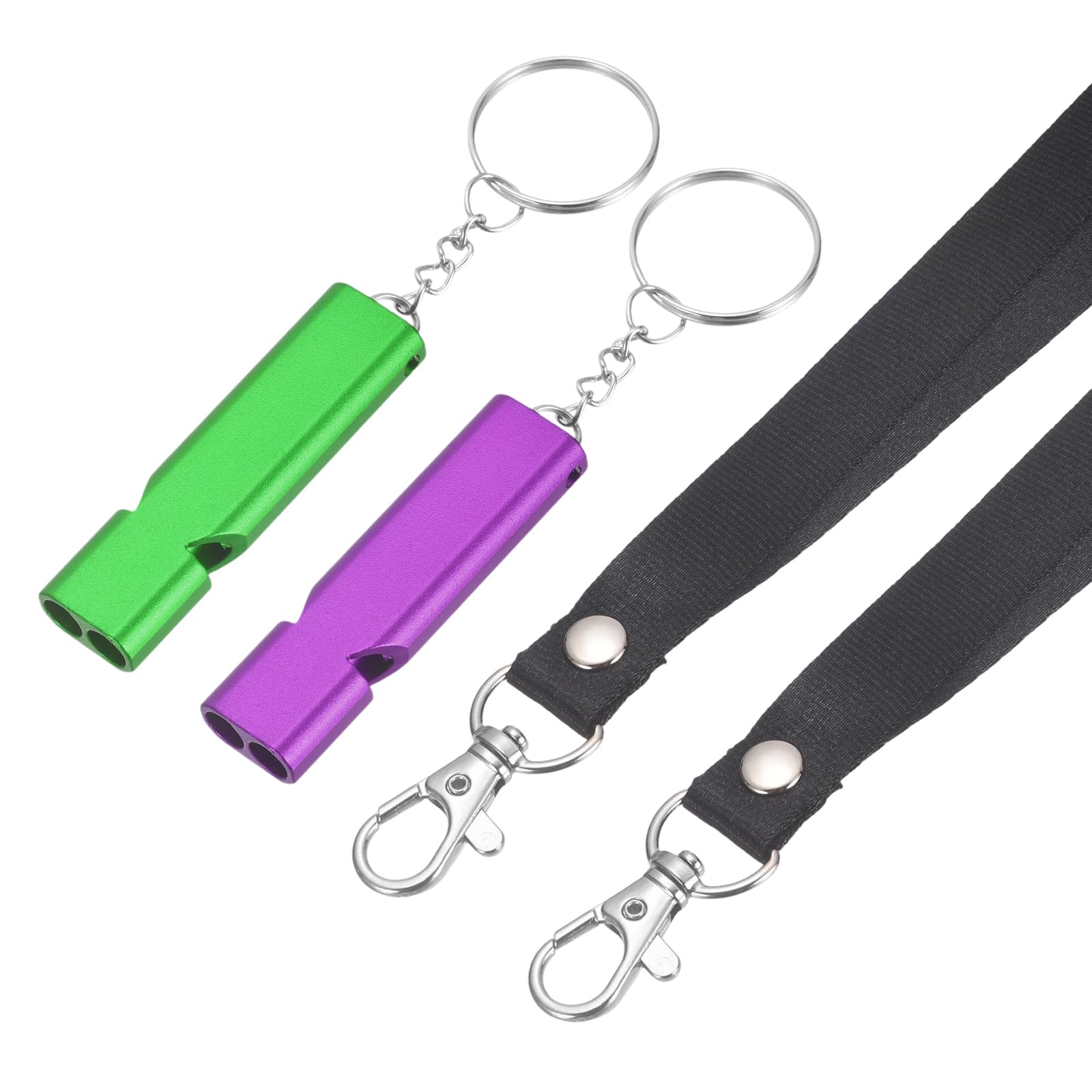 YELARXI Emergency Whistle, Aluminum Survival Whistles with Lanyard and Keychain Loud Safety Rescue Signaling, 2 Pcs & Purple/Green- Fitting for (Outdoor Camping/Hiking/Sports Game)